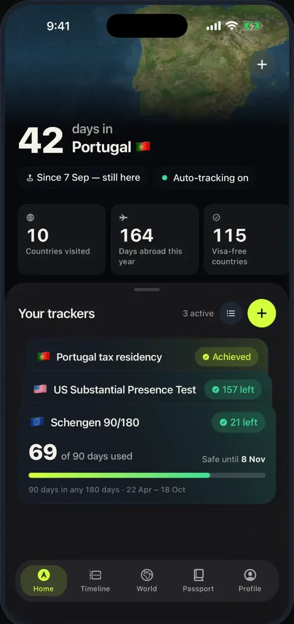 Day Tracker home screen: 42 days in Portugal and the Schengen tracker