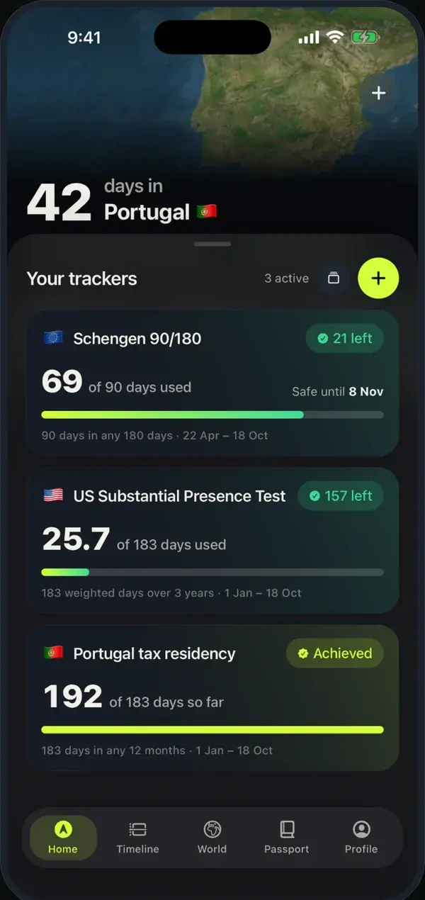 Tax residency trackers: Schengen, US Substantial Presence Test and Portugal