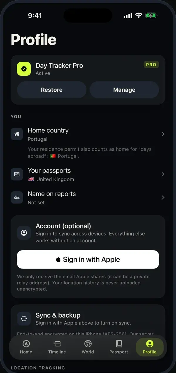 Profile with Day Tracker Pro, home country and passports