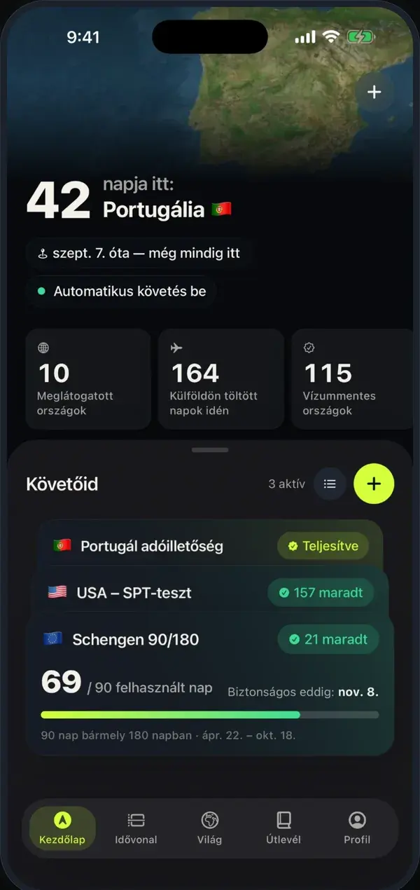 A Day Tracker kezdőképernyője: 42 nap Portugáliában és a schengeni számláló