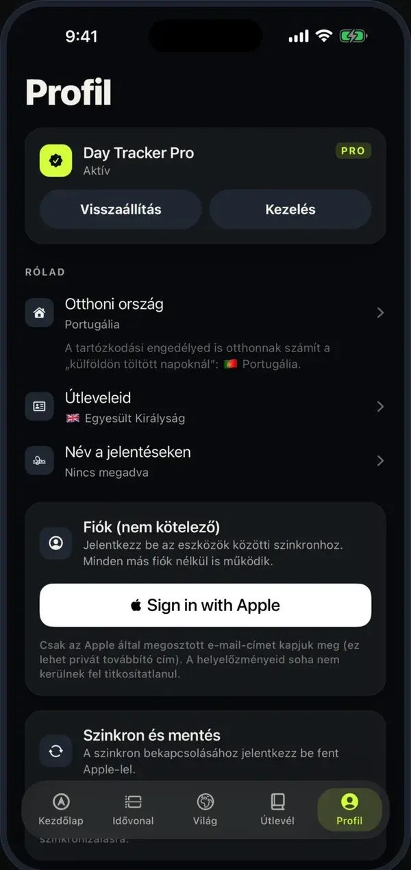 Profil a Day Tracker Próval, otthoni országgal és útlevelekkel